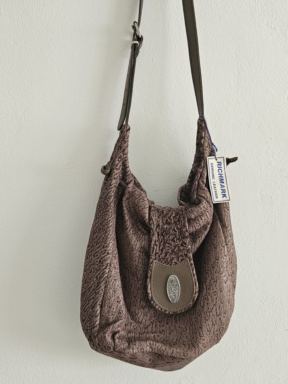 Brown Textured Leather Shoulder Hobo Bag